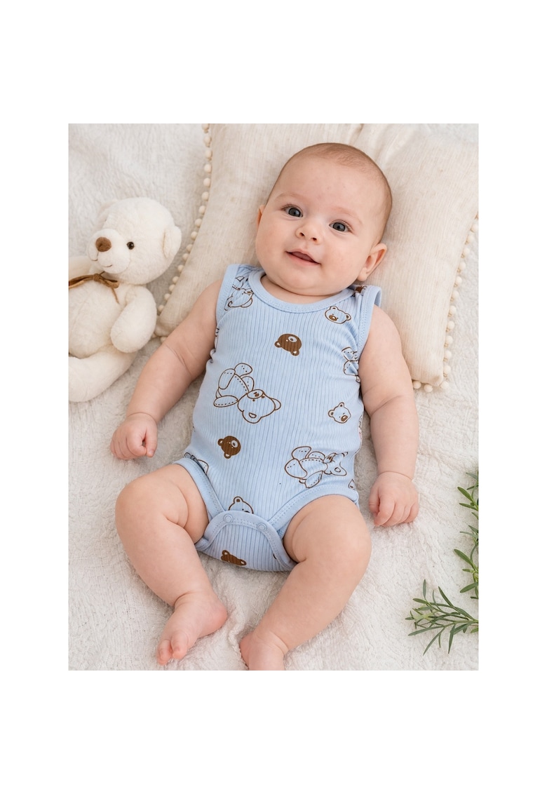 Body bebe albastru bumbac fara maneci imprimeu ursuleti rib moale