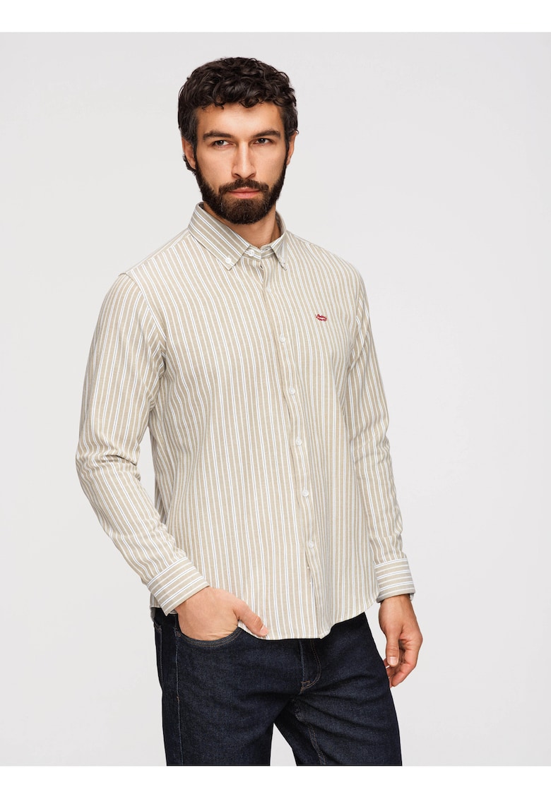 Camasa barbati - regular fit - bumbac 100% - cu guler button-down si model in dungi - Bej