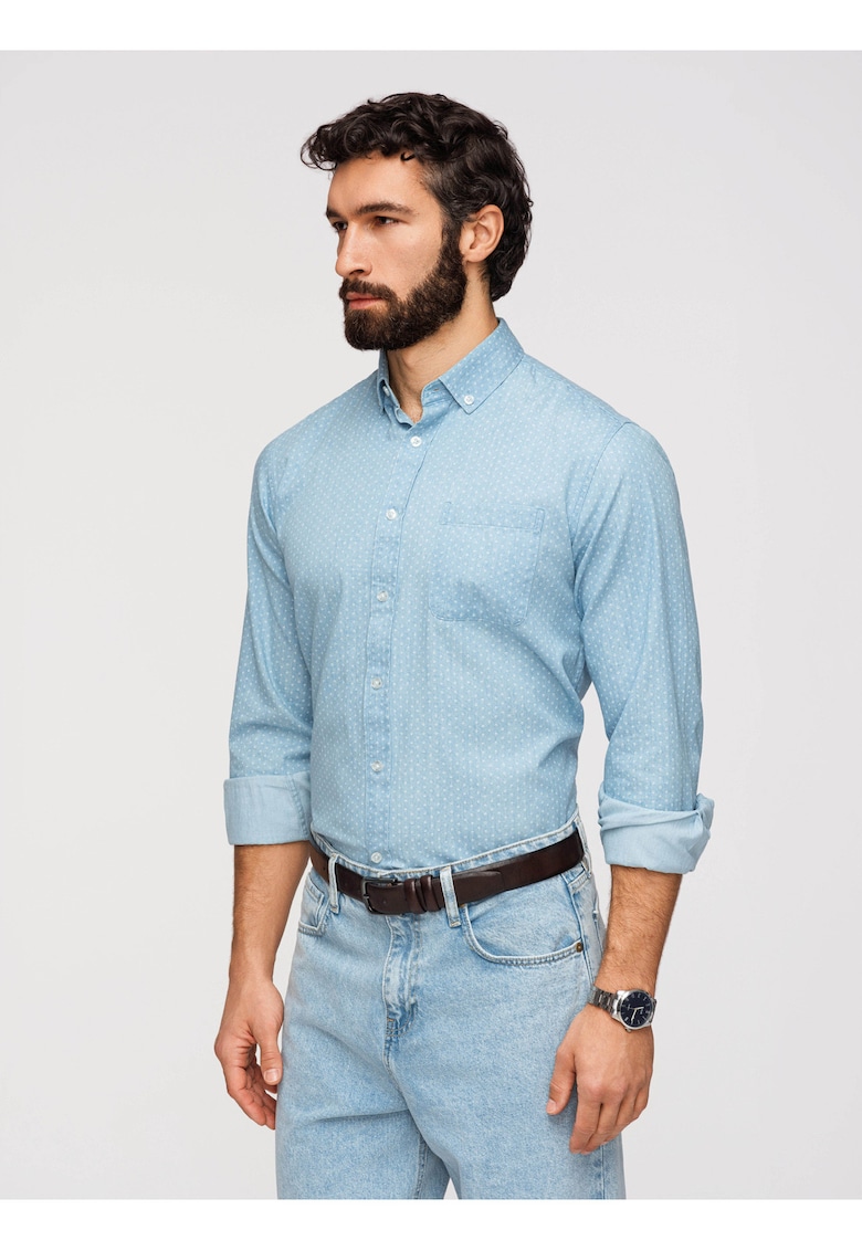 Camasa Barbati Denim Regular Fit cu Guler Button Down - Albastru deschis