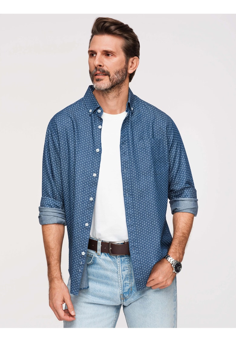 Camasa Barbati Denim Regular Fit cu Guler Button Down - Jeans Blue