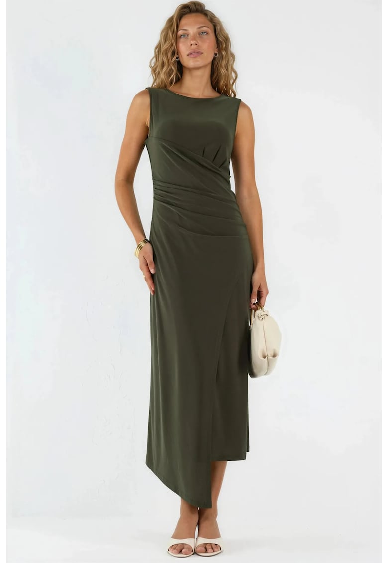 Rochie midi A-Line guler rotund - kaki - poliester/elastan