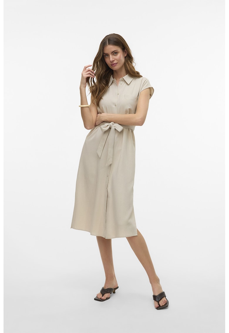 Rochie-camasa midi din amestec de in - Bej deschis