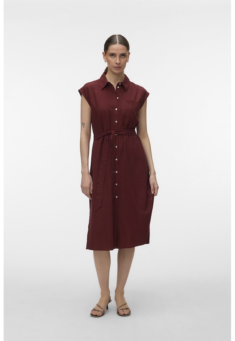 Rochie-camasa midi din amestec de in - Rosu inchis