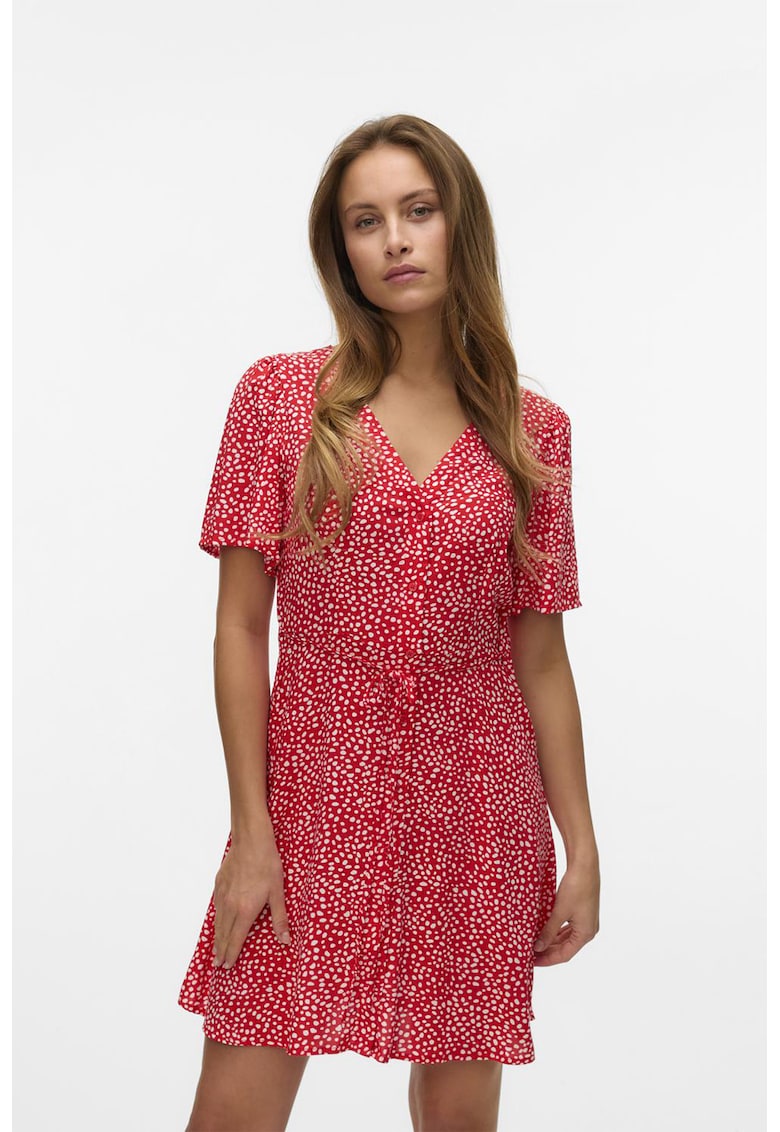 Rochie mini cu decolteu in V - Rosu/Alb