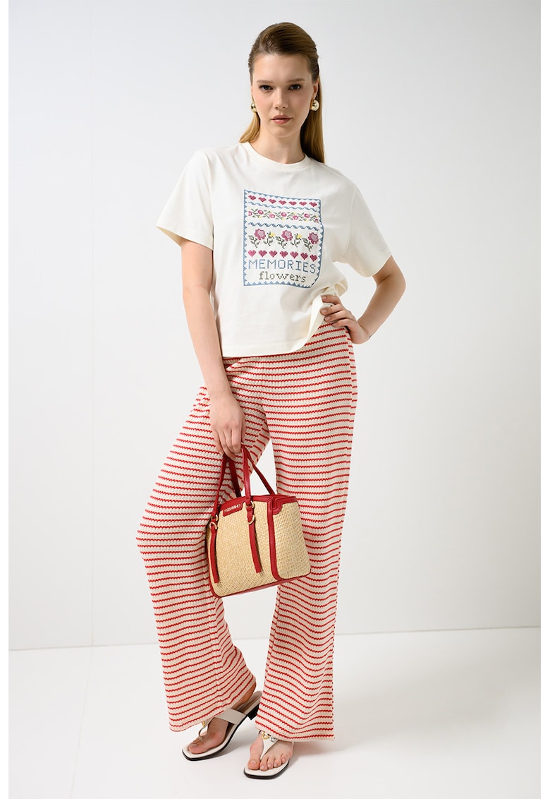 Pantaloni tricotati in dungi - Coral/Crem