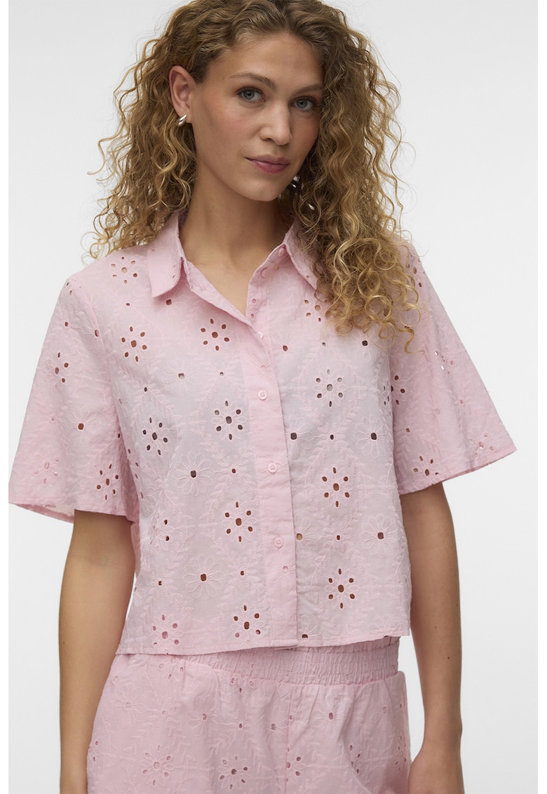 Camasa de bumbac organic cu broderie Sangallo - Roz pastel