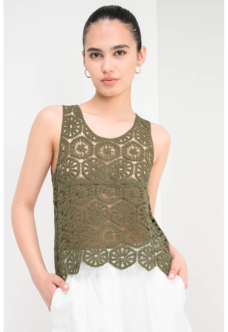 Top din amestec de bumbac organic cu perforatii - Verde padure