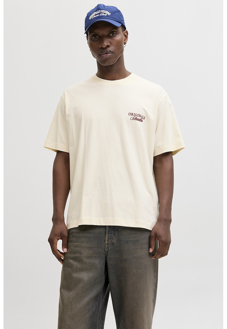 Tricou lejer de bumbac cu imprimeu logo - Crem