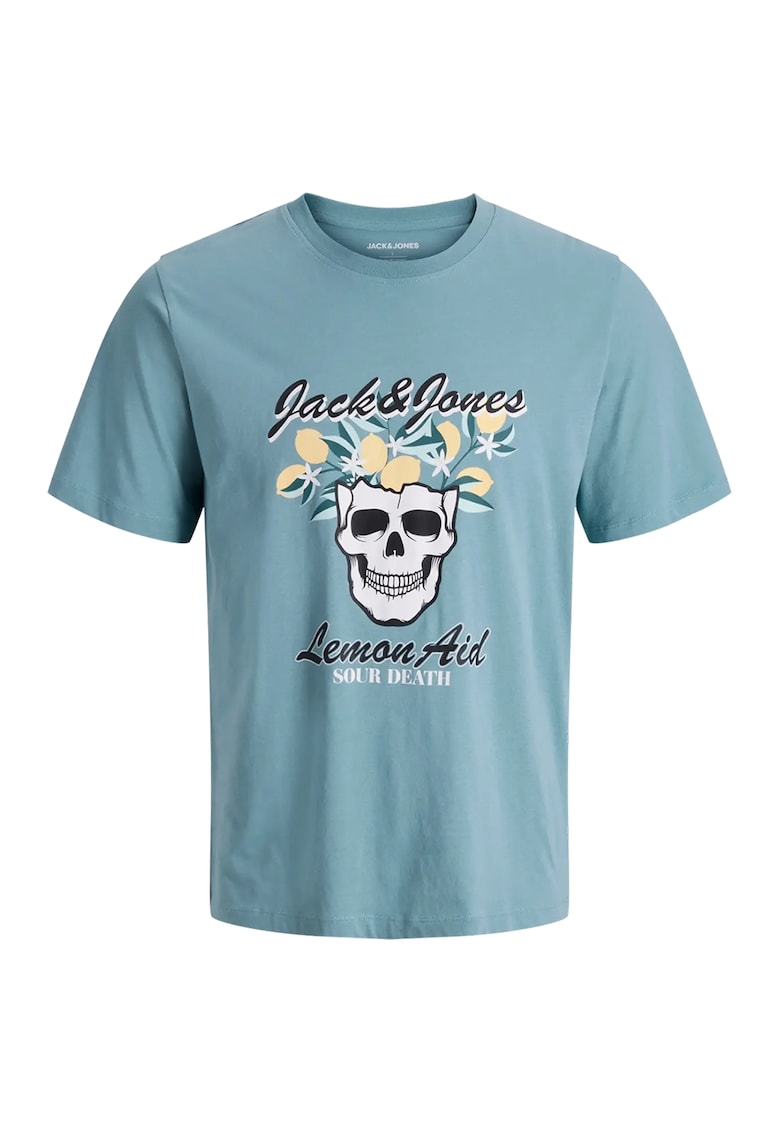 Tricou cu decolteu la baza gatului si imprimeu grafic - Albastru lavanda