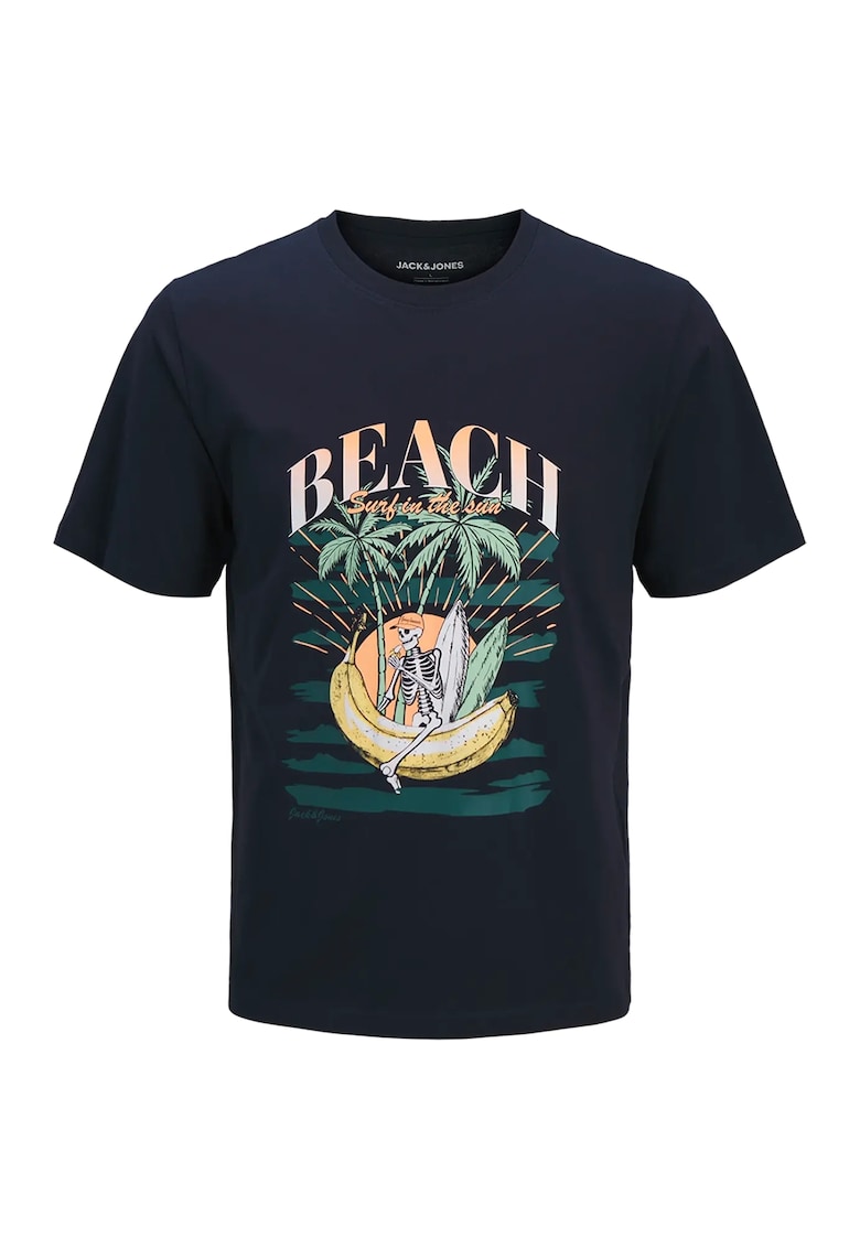 Tricou cu decolteu la baza gatului si imprimeu grafic - Bleumarin