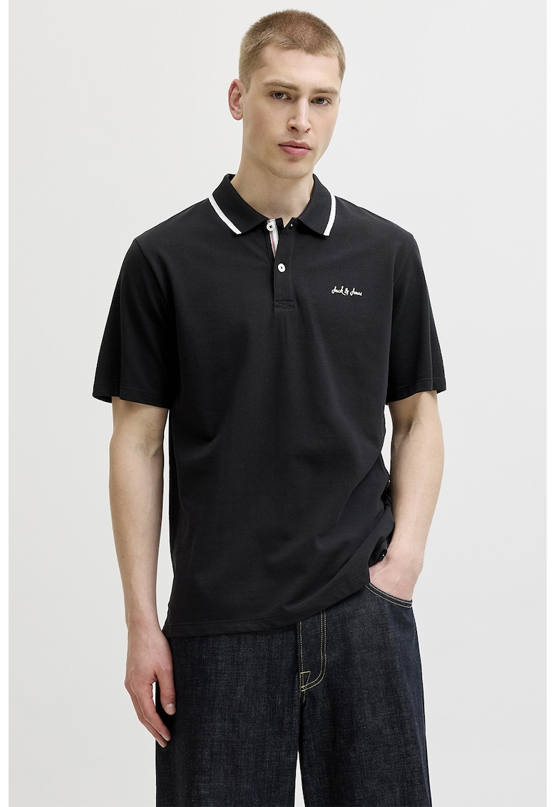 Tricou polo regular fit cu guler contrastant - Negru