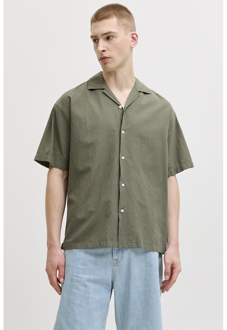 Camasa relaxed fit din amestec de in cu maneci scurte - Kaki