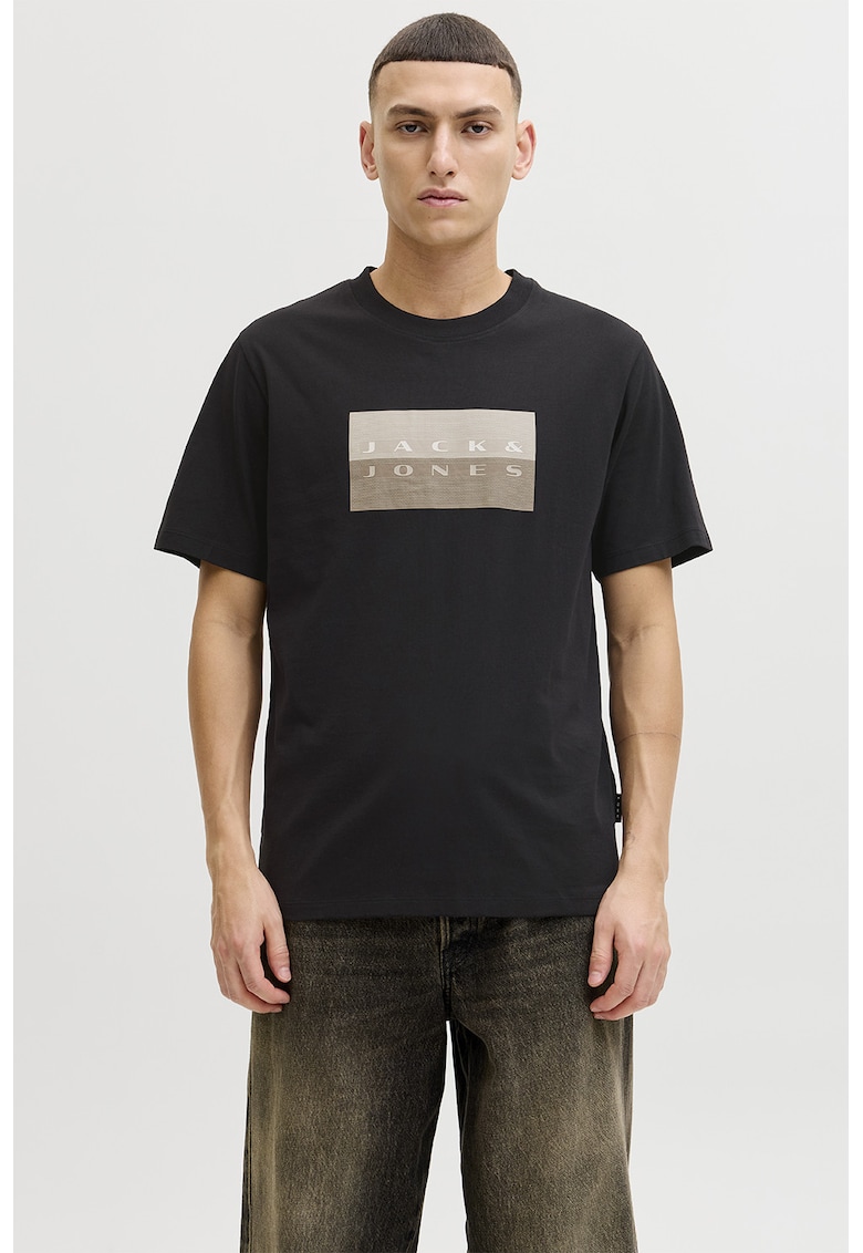 Tricou regular fit de bumbac cu imprimeu logo - Negru