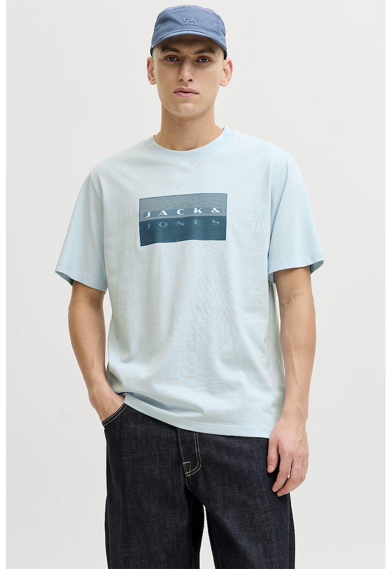 Tricou regular fit de bumbac cu imprimeu logo - Albastru pastel