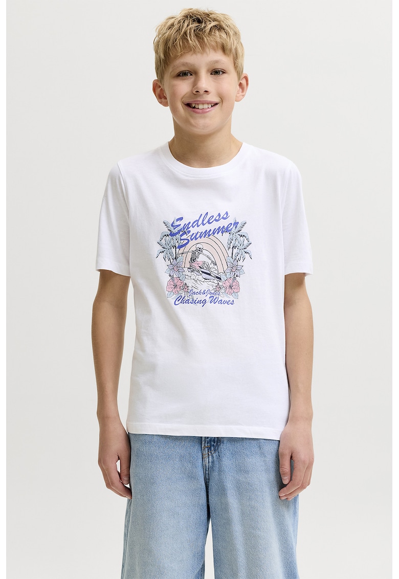 Tricou cu decolteu la baza gatului si imprimeu logo - Alb optic