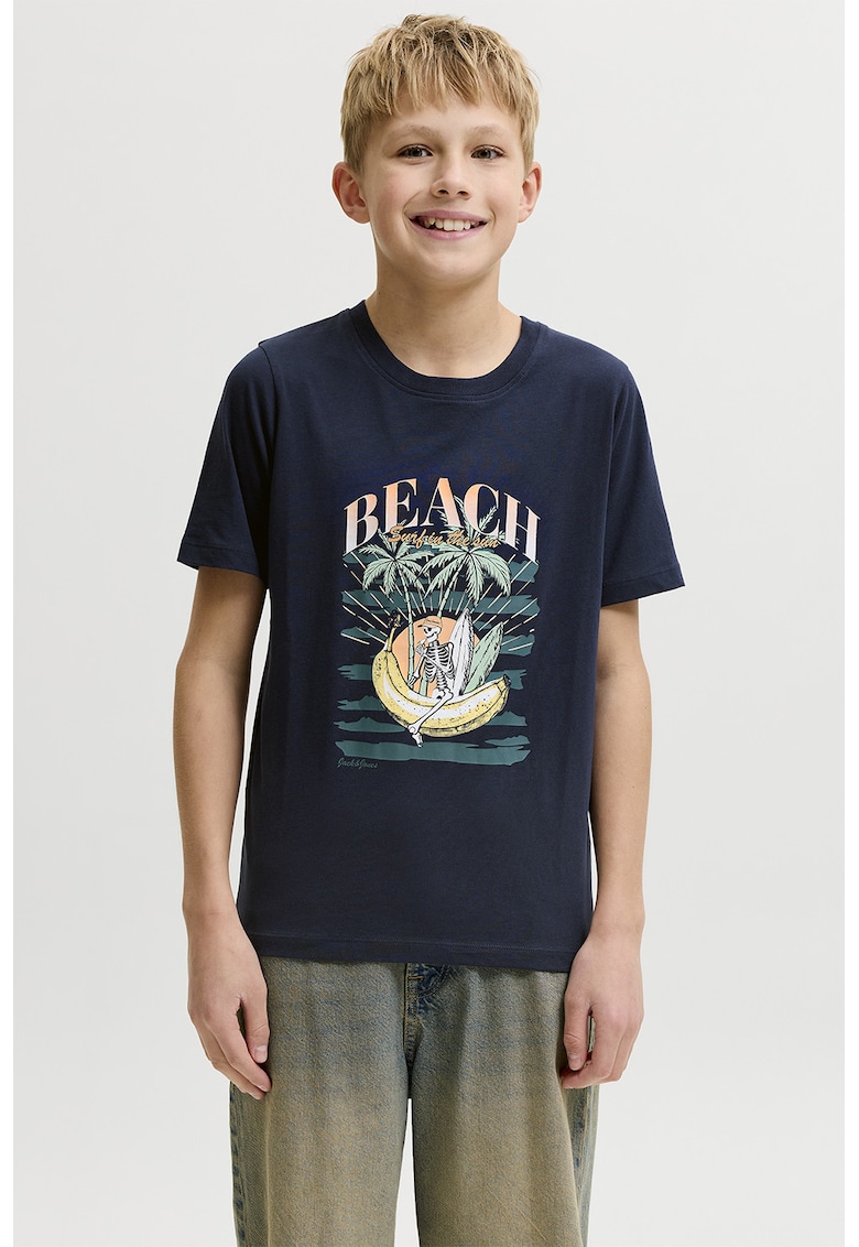 Tricou cu decolteu la baza gatului si imprimeu logo - Bleumarin