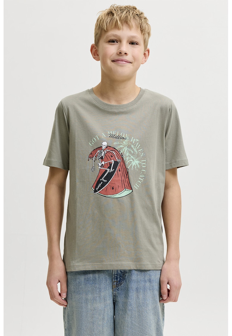 Tricou cu decolteu la baza gatului si imprimeu logo - Verde pal