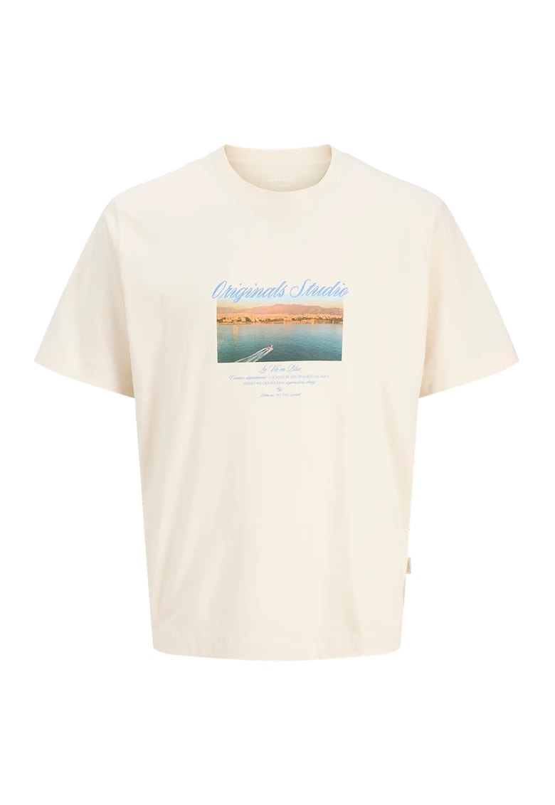 Tricou din amestec de bumbac organic cu imprimeu foto - Crem