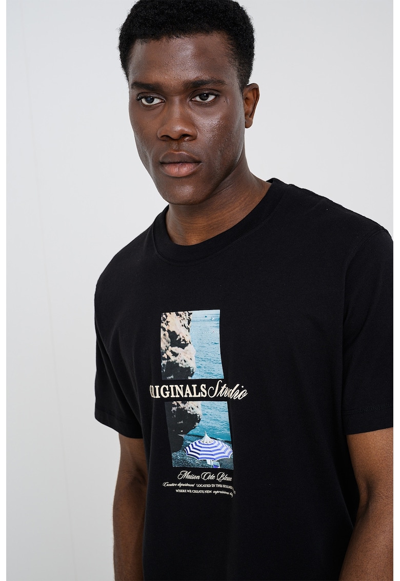 Tricou din amestec de bumbac organic cu imprimeu foto - Negru