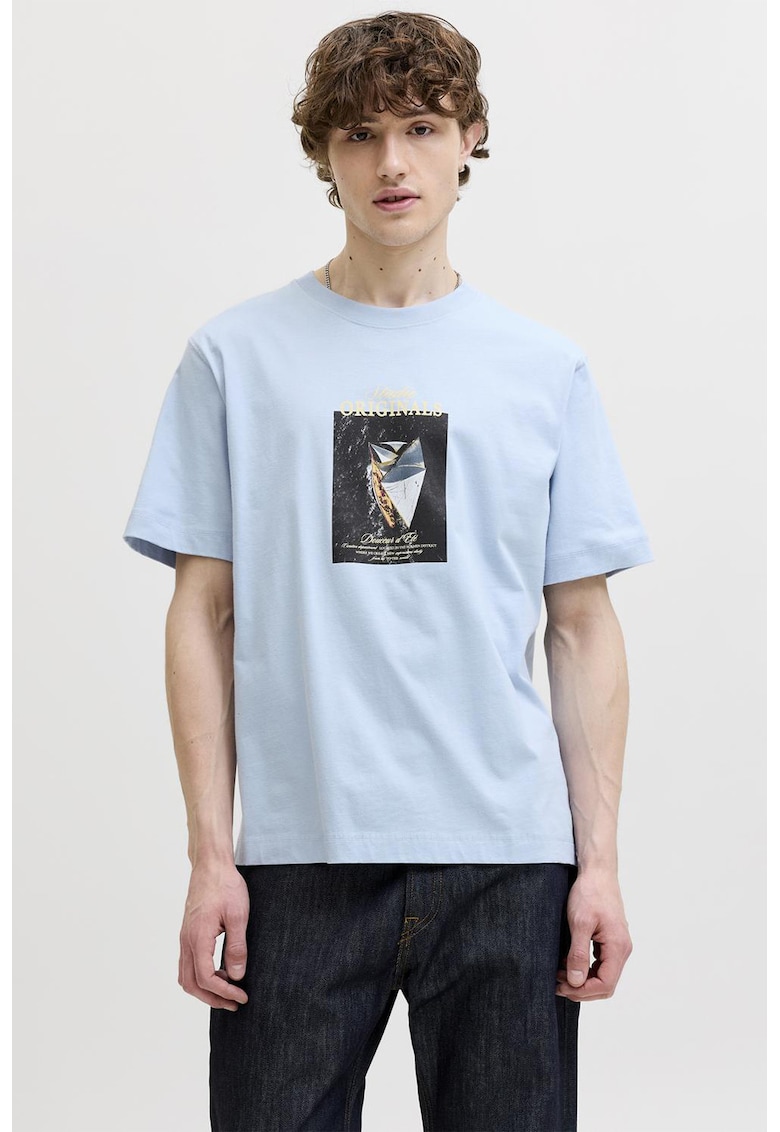 Tricou din amestec de bumbac organic cu imprimeu foto - Albastru pastel