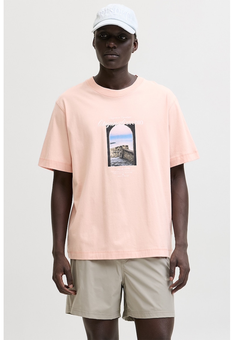 Tricou din amestec de bumbac organic cu imprimeu foto - Piersica