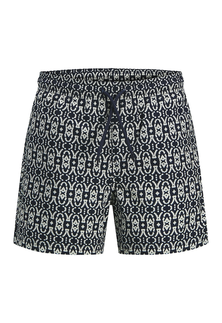 Pantaloni scurti de baie cu snur si imprimeu grafic - Alb/Bleumarin