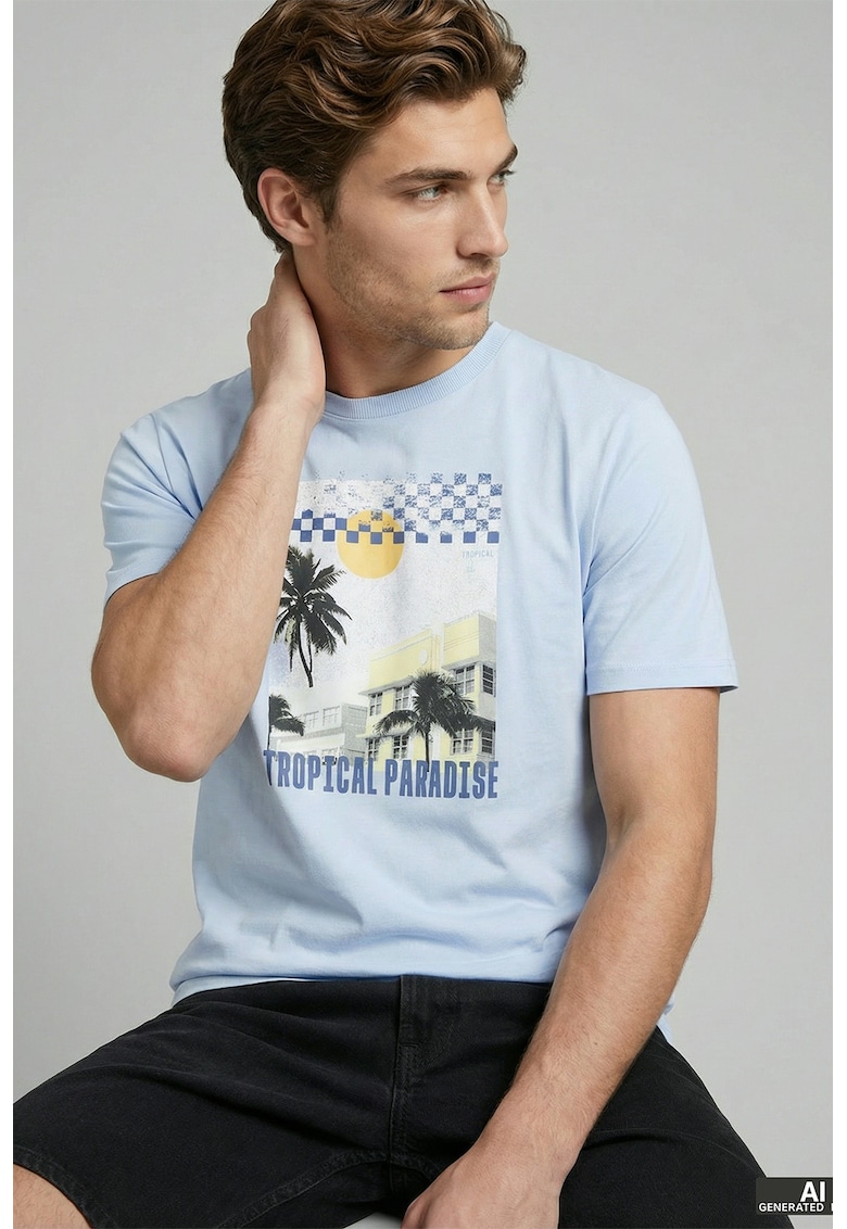 Tricou de bumbac cu imprimeu grafic - Albastru pastel