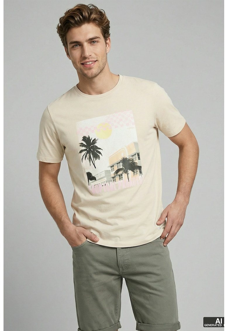 Tricou de bumbac cu imprimeu grafic - Crem