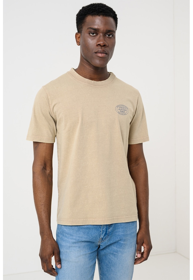 Tricou cu decolteu la baza gatului si detaliu logo - Kaki