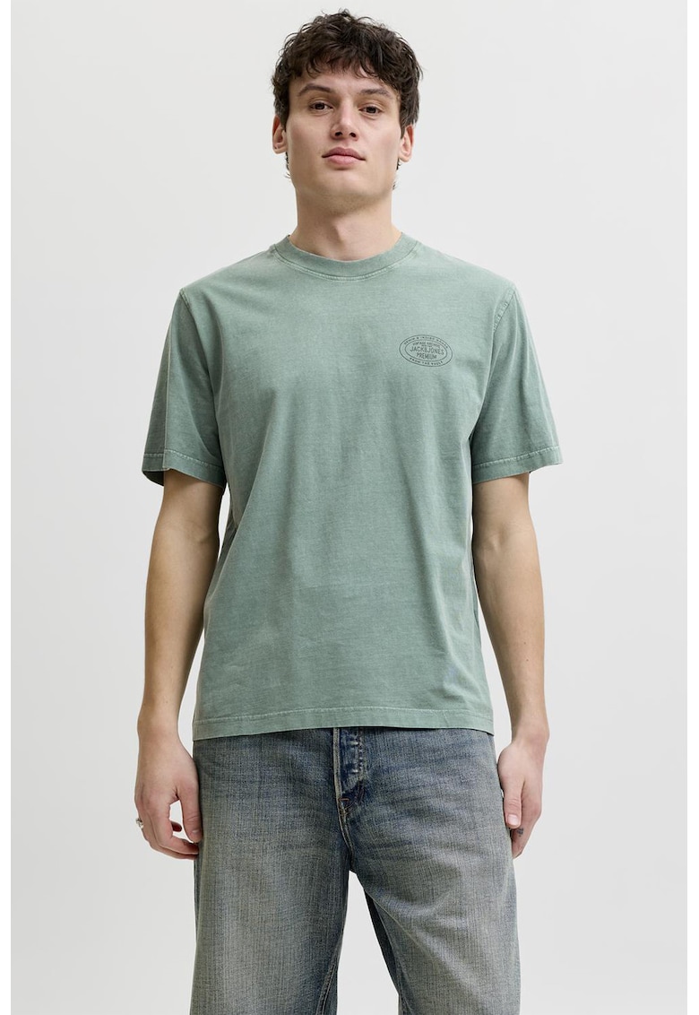 Tricou cu decolteu la baza gatului si detaliu logo - Verde aquamarin