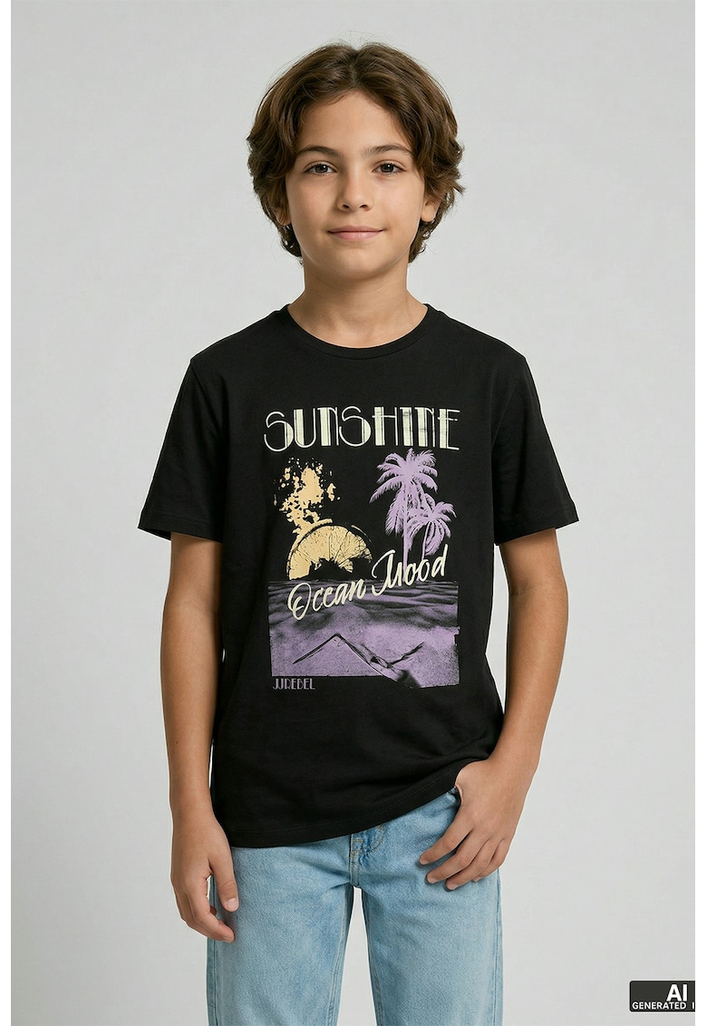 Tricou din bumbac cu imprimeu tropical - Negru