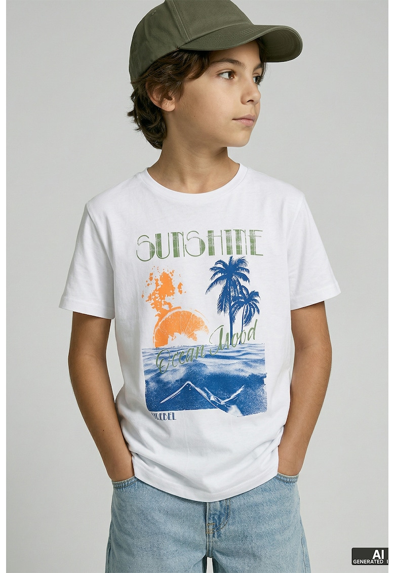 Tricou din bumbac cu imprimeu tropical - Alb/Portocaliu/Albastru