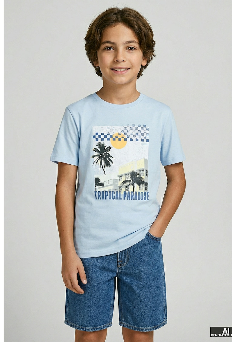 Tricou din bumbac cu imprimeu tropical - Alb murdar/Albastru deschis