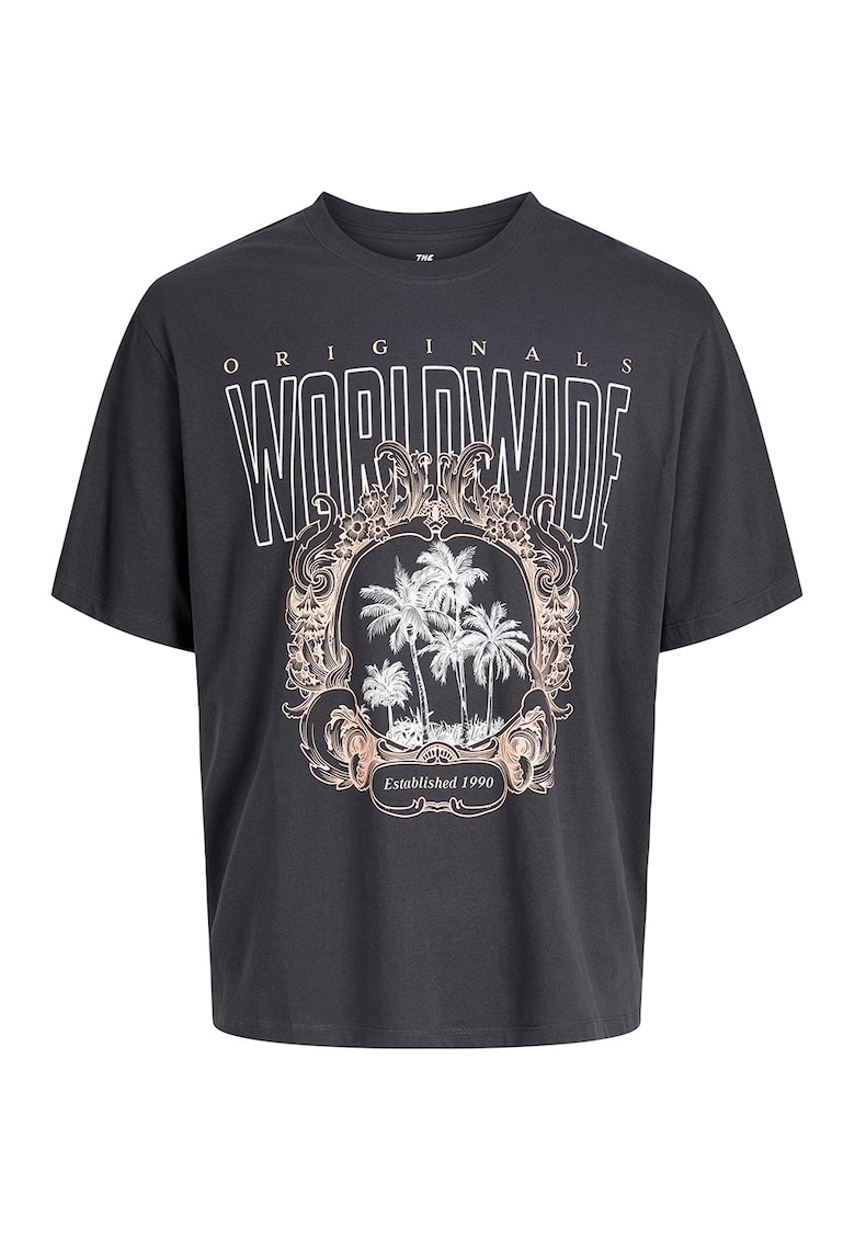 Tricou din bumbac organic cu imprimeu - Maro taupe/Gri inchis