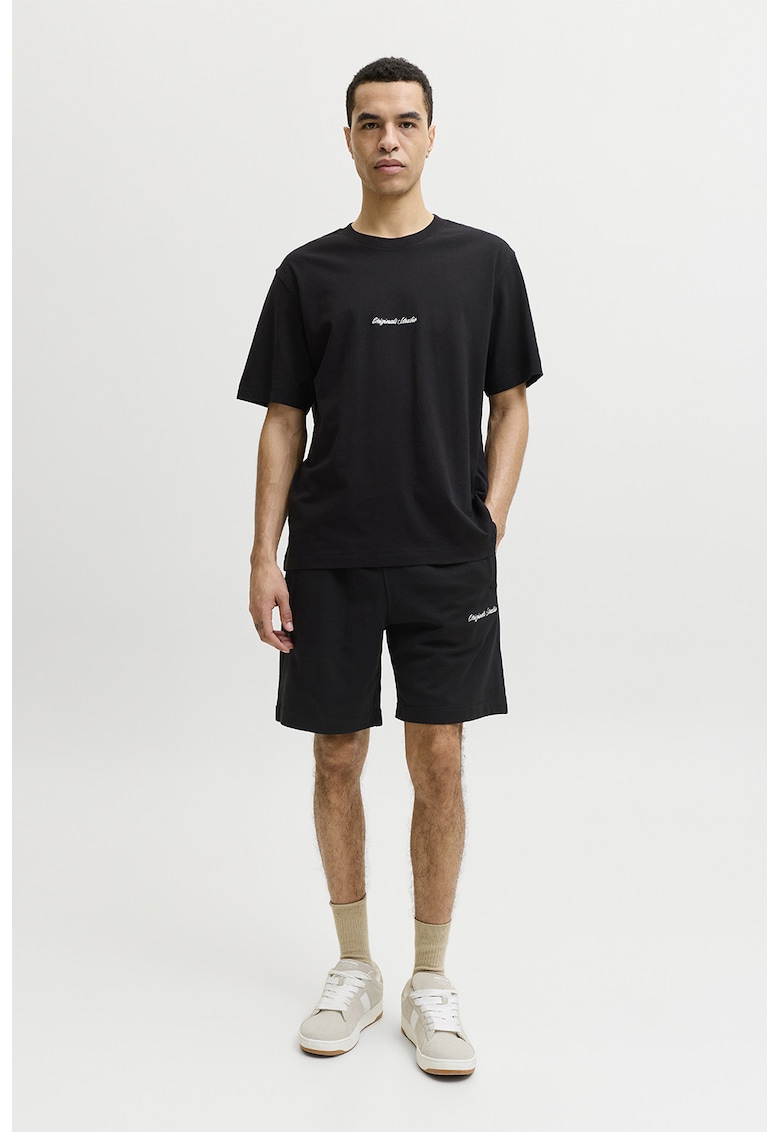Tricou din amestec de bumbac organic cu broderie text - Negru