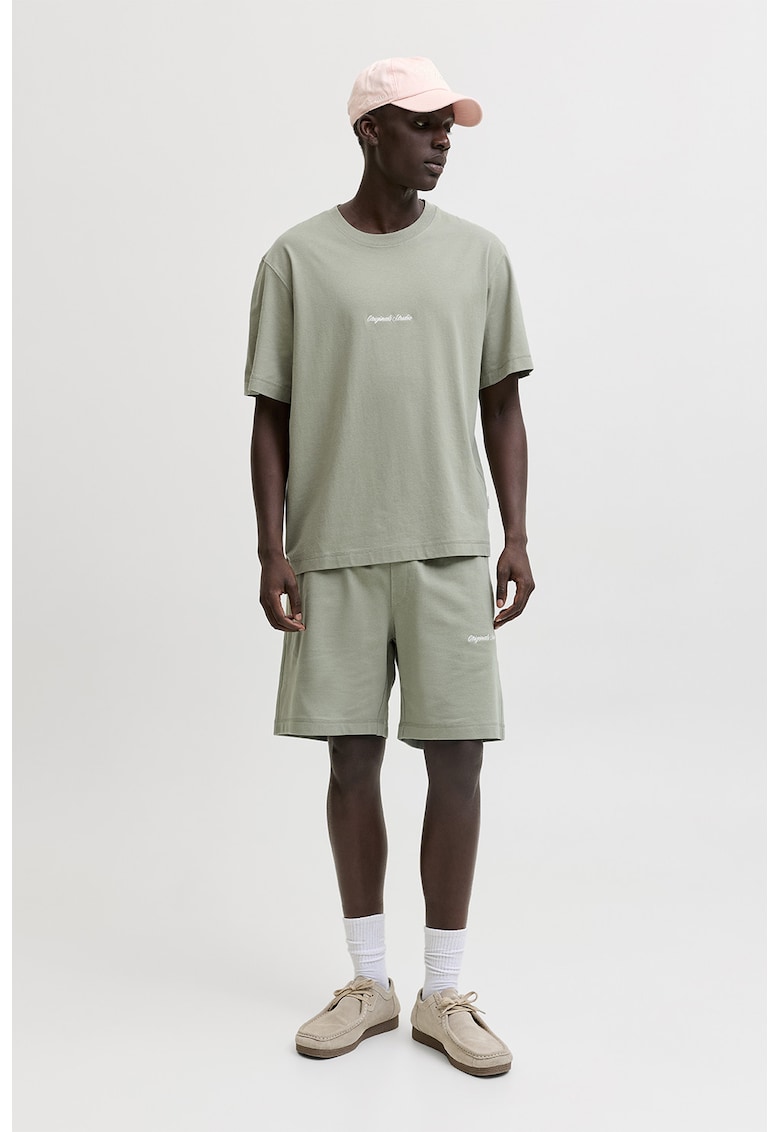 Tricou din amestec de bumbac organic cu broderie text - Verde pal