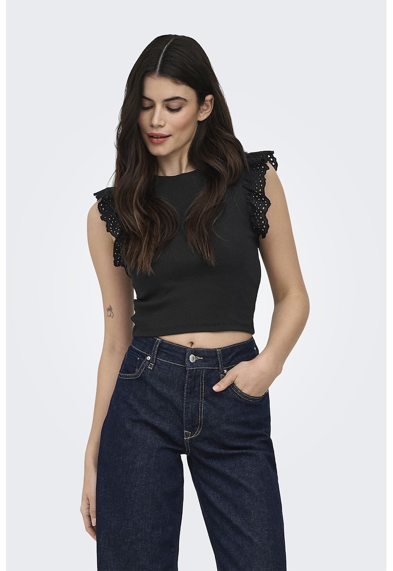 Top crop cu maneci cu volane - Negru