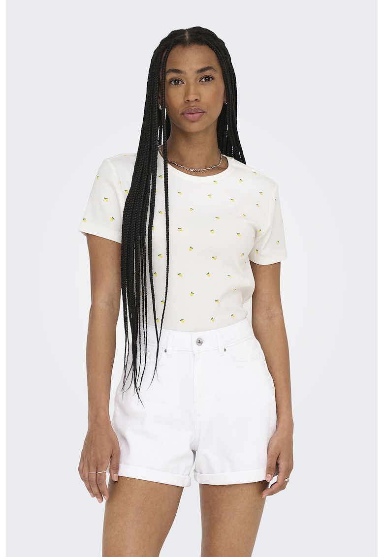Tricou crop din amestec de bumbac organic cu imprimeu - Alb fildes