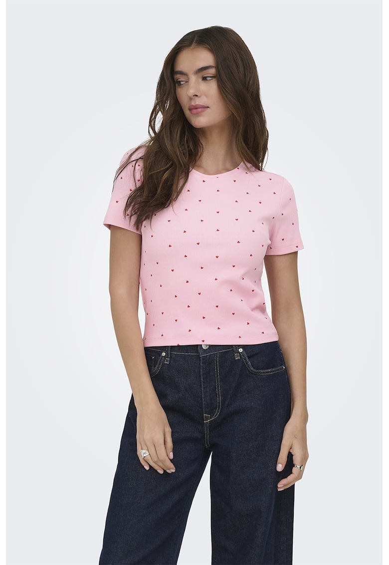Tricou crop din amestec de bumbac organic cu imprimeu - Roz deschis