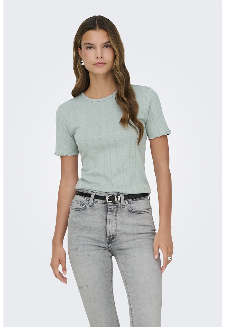 Tricou din amestec de bumbac organic cu terminatii valurite - Verde pal
