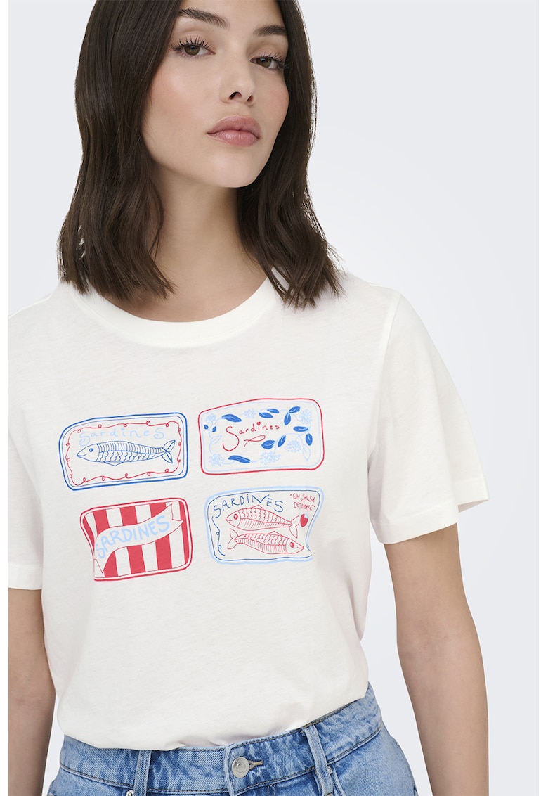 Tricou din bumbac cu decolteu la baza gatului si imprimeu - Rosu/Albastru/Crem