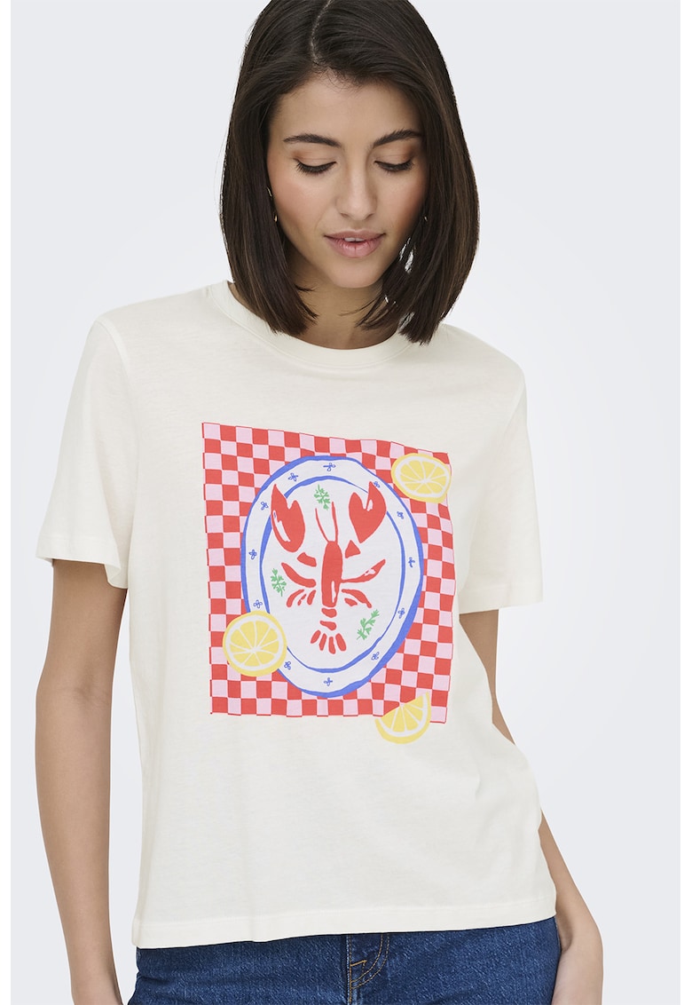 Tricou din bumbac cu decolteu la baza gatului si imprimeu - Alb fildes/Portocaliu
