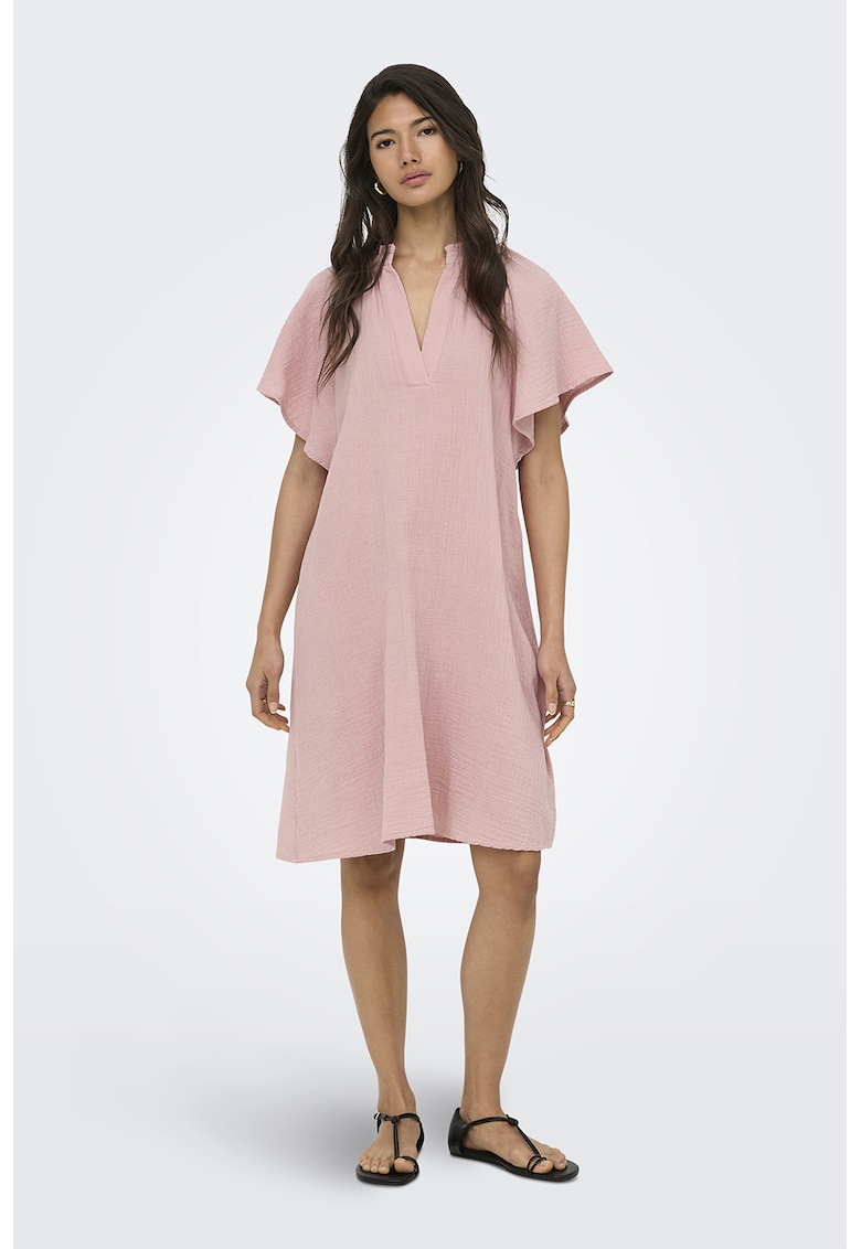 Rochie din bumbac cu maneci cu volane - Roz pal