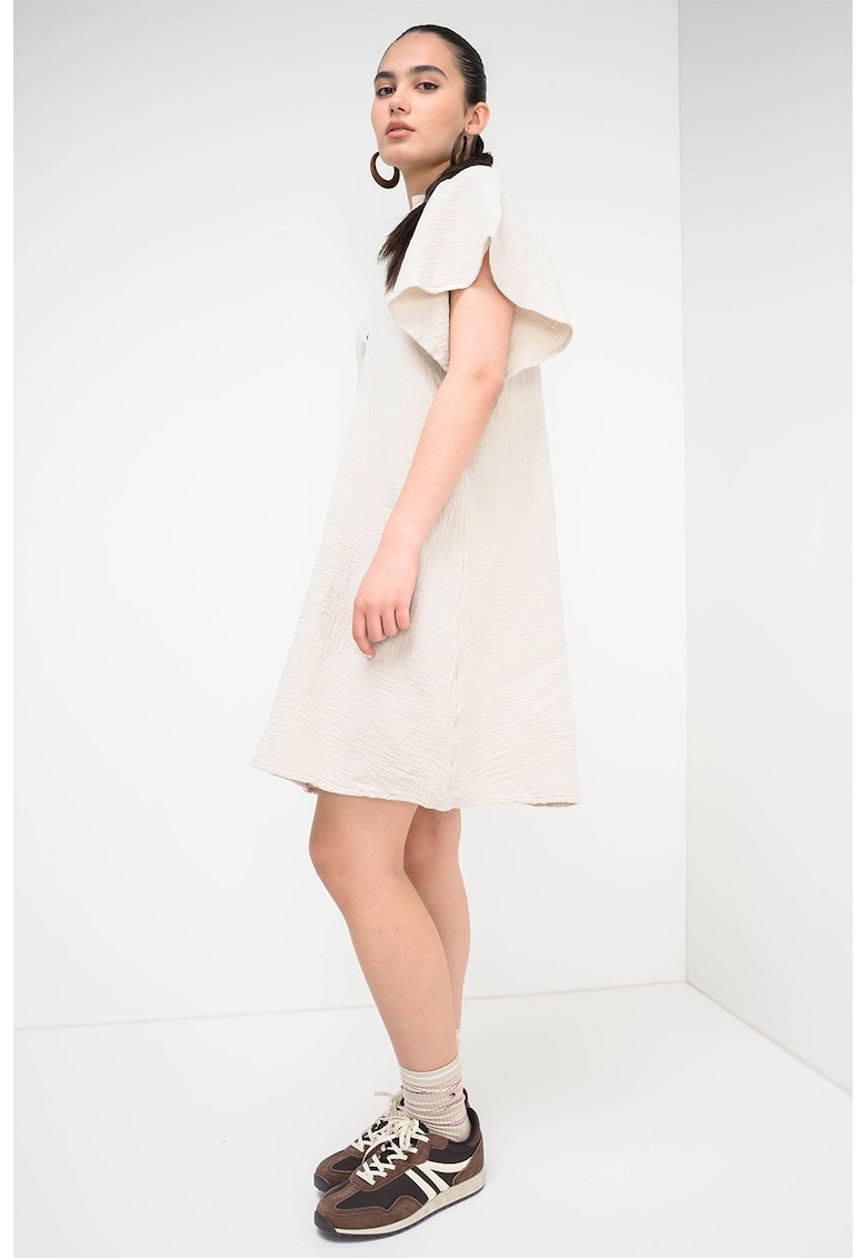 Rochie din bumbac cu maneci cu volane - Crem