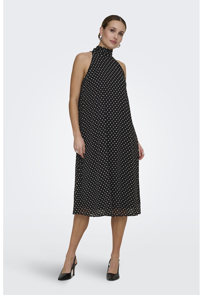 Rochie midi cu decolteu halter si model cu buline - Negru