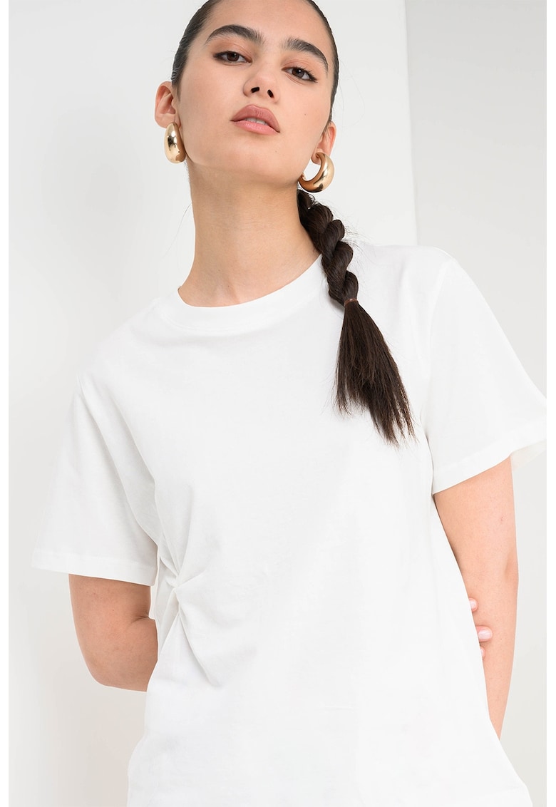 Tricou cu model uni si detaliu drapat - Alb