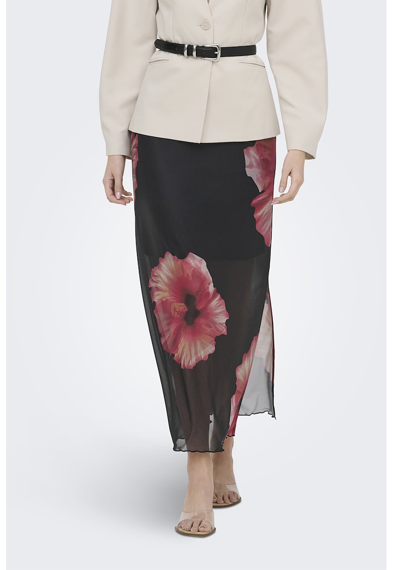 Fusta midi cu model floral - Rosu/Negru