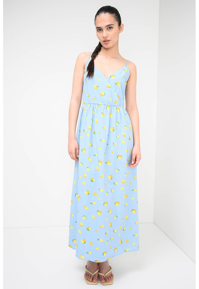 Rochie lunga din bumbac organic cu model si decolteu cache-coeur - Galben/Albastru deschis