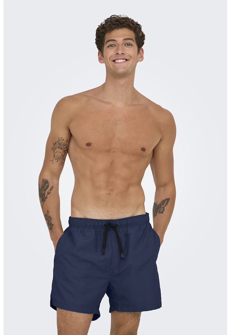 Pantaloni scurti de baie cu snur de ajustare in talie - Bleumarin