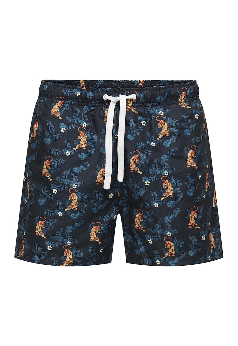Pantaloni scurti de baie cu buzunar cu refilet pe partea din spate - Portocaliu/Bleumarin